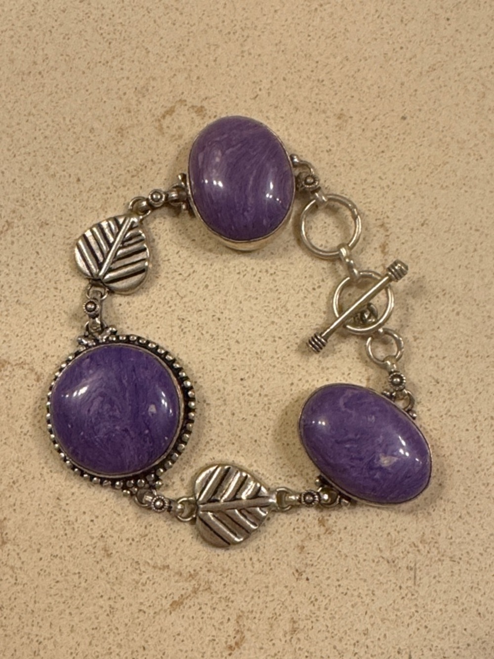 Charorite and 925 Sterling Silver Leaf Link Bracelet, adjustable toggle clasp